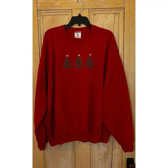 JERZEES Womens Christmas Tree Art Deco Holiday Sweatshirt Size 3X Red XM VINTAGE - Picture 1 of 9